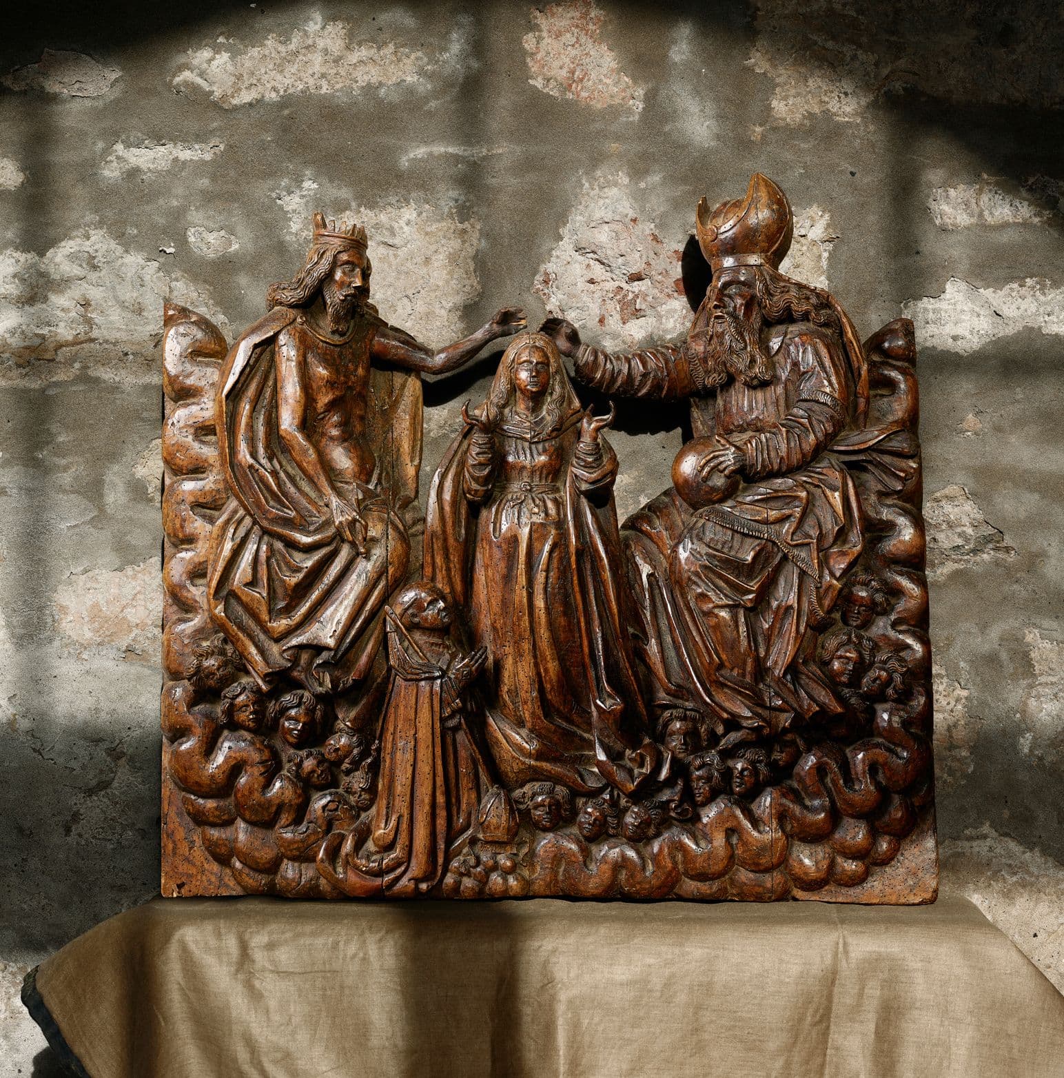 GERMAN CARVED LIMEWOOD PANEL OF THE CORONATION OF THE VIRGIN MARY