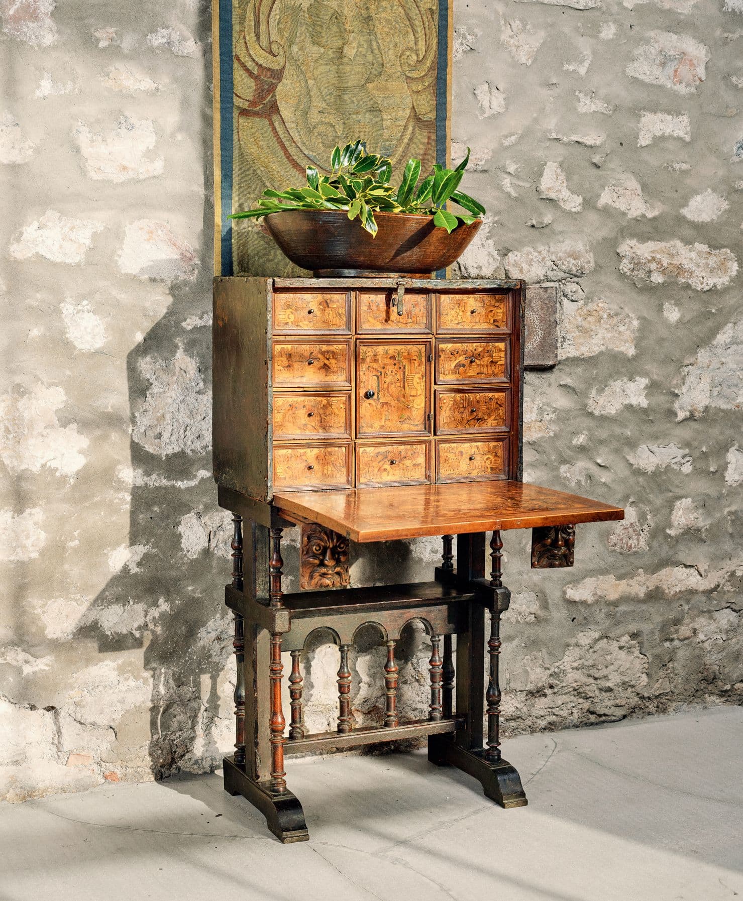 SOUTH GERMAN FRUITWOOD, MARQUETRY AND LEATHER TABLE CABINET-ON-STAND AUGSBURG/ ULM, LATE 16TH/17TH CENTURY; THE STAND 19TH CENTURY